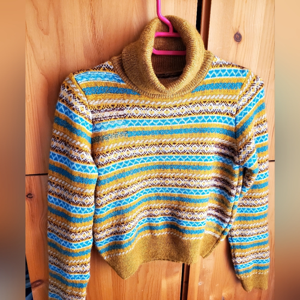 Maeve By Anthropologie Mustard Fair Isle Cropped Turtleneck Sweater Size XS
